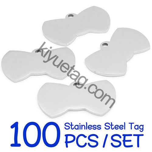 100Pcs Personalized Pet Cute Stainless Steel Tag Custom Engravable Keyring Pendant Dog Collar Bow Shape Accessories