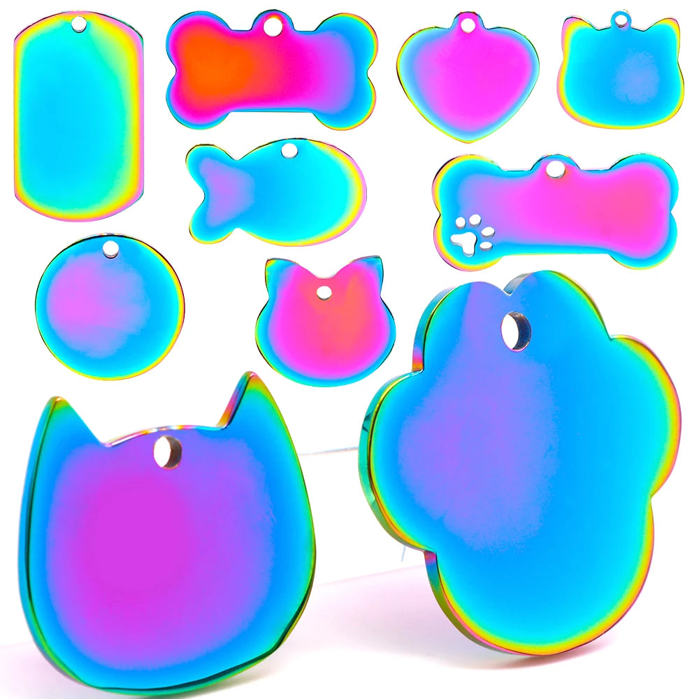 100Pcs Pet Dog Rainbow Stainless Steel ID Tag Personalized Anti-lost Nameplate Metal Key Ring Pendant Charms Gift Accessories