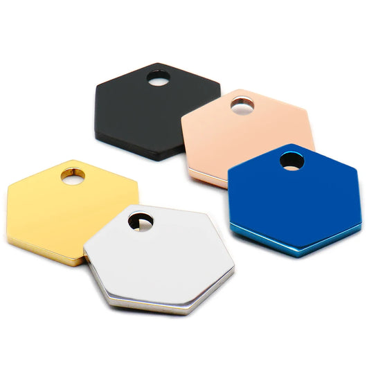 Wholesale 100Pcs Stainless Steel Hexagon Pendant Dog Tag Hole Pet ID Tags Personalise Nameplate Gift Name Phone LOGO For Person